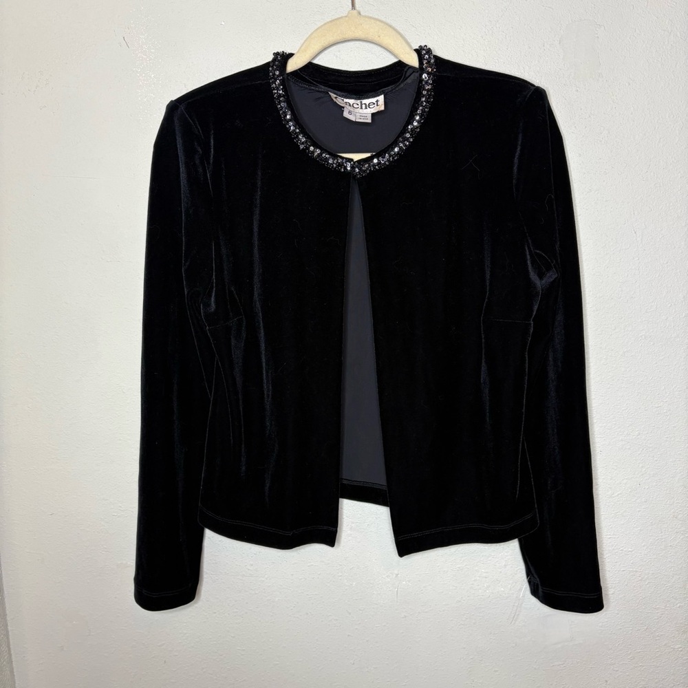 Vintage Cachet Black Velvet Jeweled Collar Blazer/Cardigan Size Small